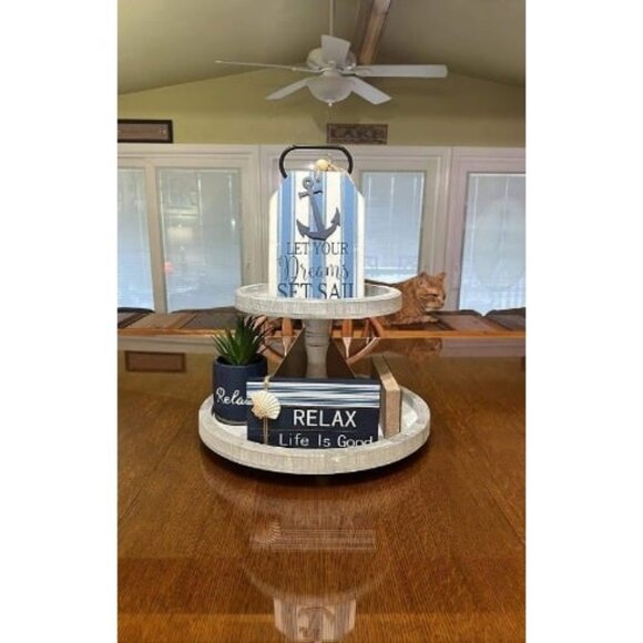 Vintage Wood Two Tiered Tray with Round Metal Handle，Easy to Assemble 2 Tier - Picture 1 of 1